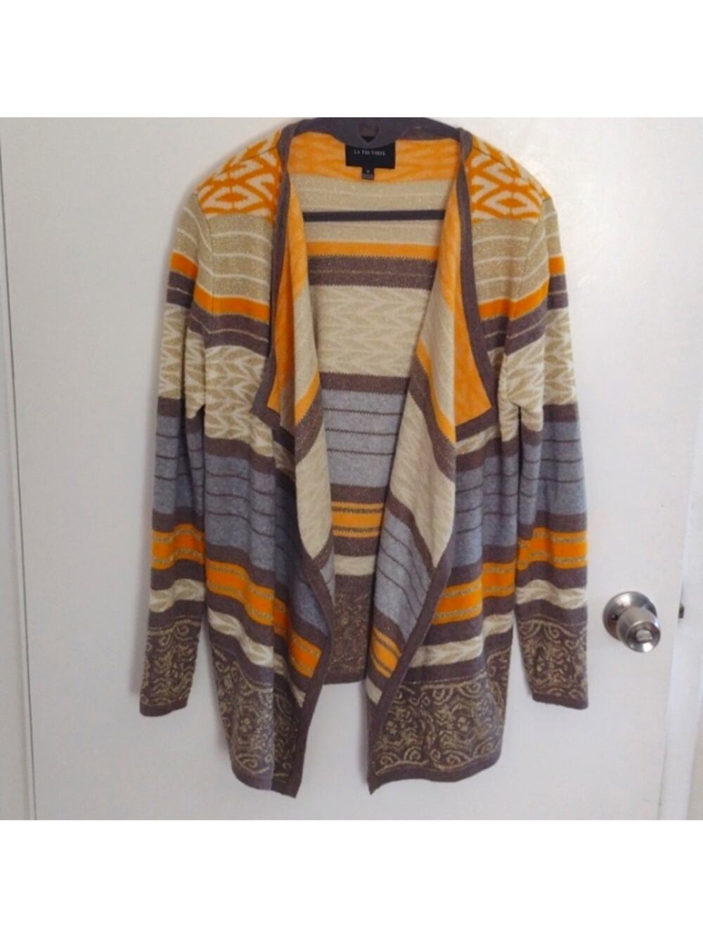 Anthropologie La Fee Verte Mixed Print Open Front Metallic Gold Striped Cardigan